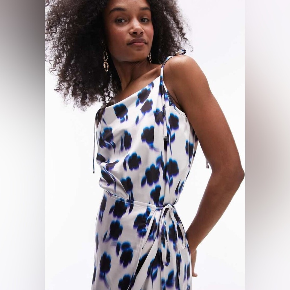 Topshop square neck wrap tie midi slip dress in blue floral - Picture 3 of 10